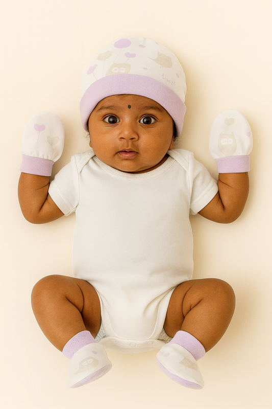 Lavender Balloon Bird Newborn Cap, Mittens & Booties Set