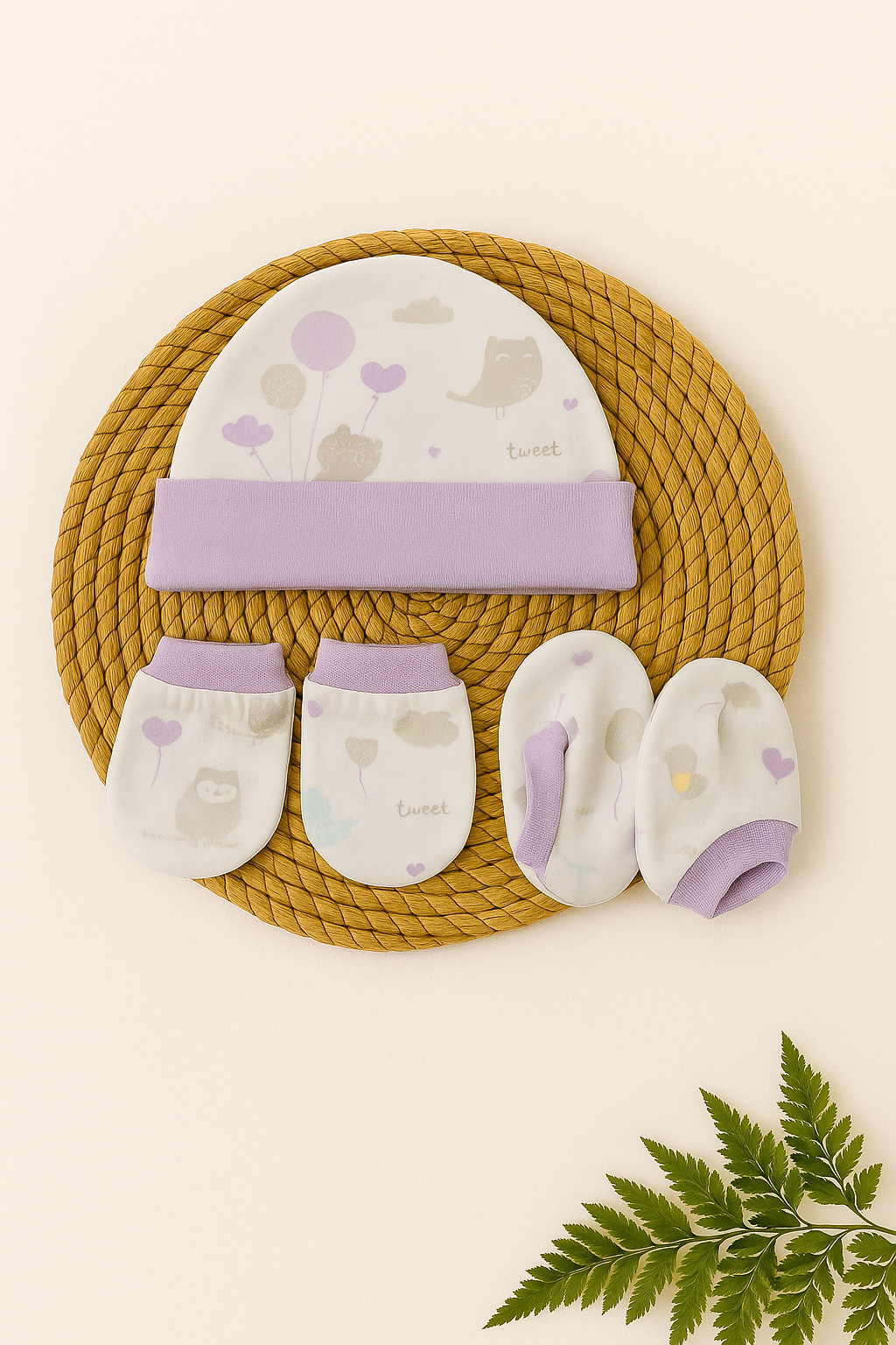 Lavender Balloon Bird Newborn Cap, Mittens & Booties Set