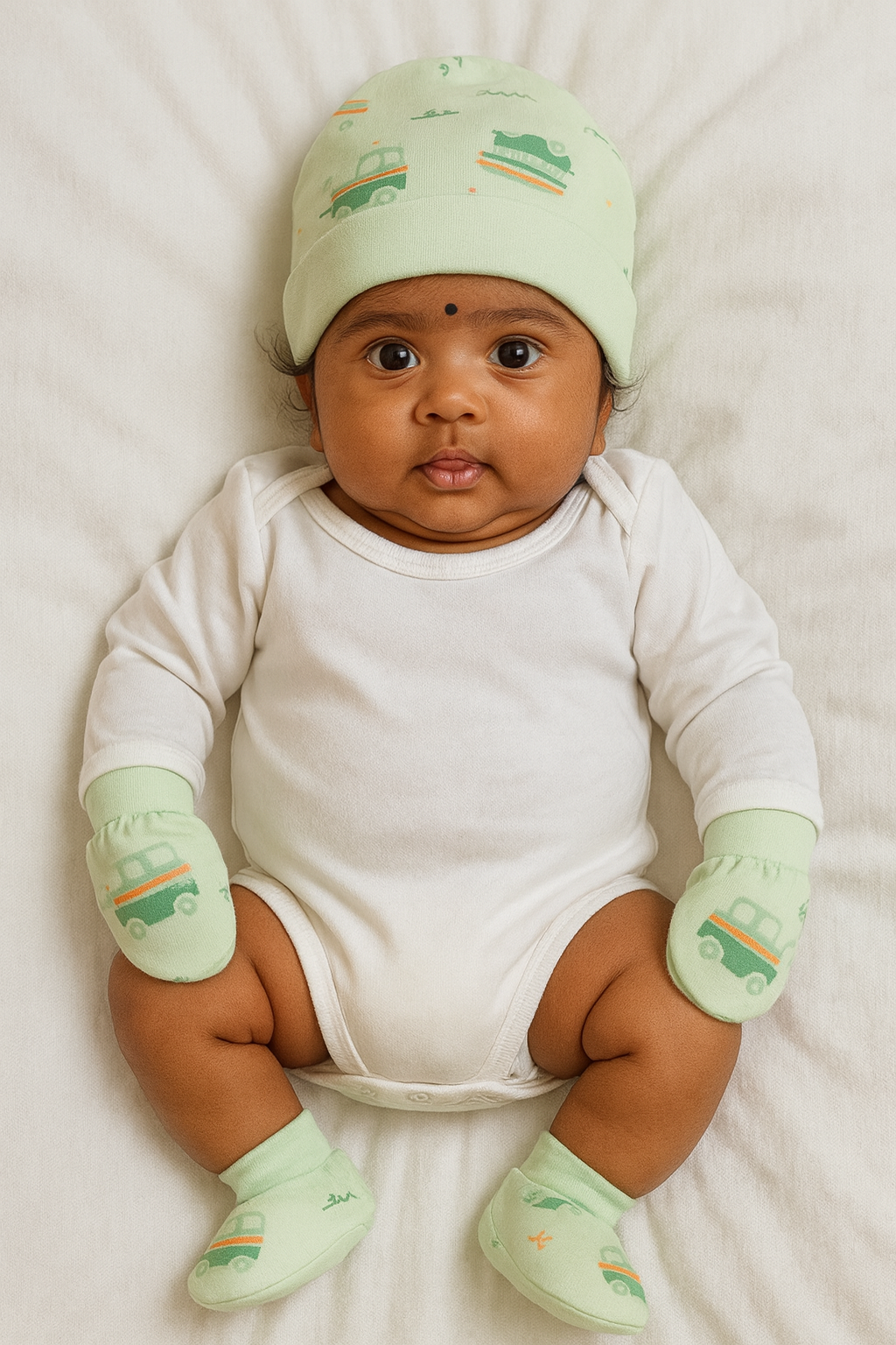 Mint Adventure Van Newborn Cap, Mittens & Booties Set