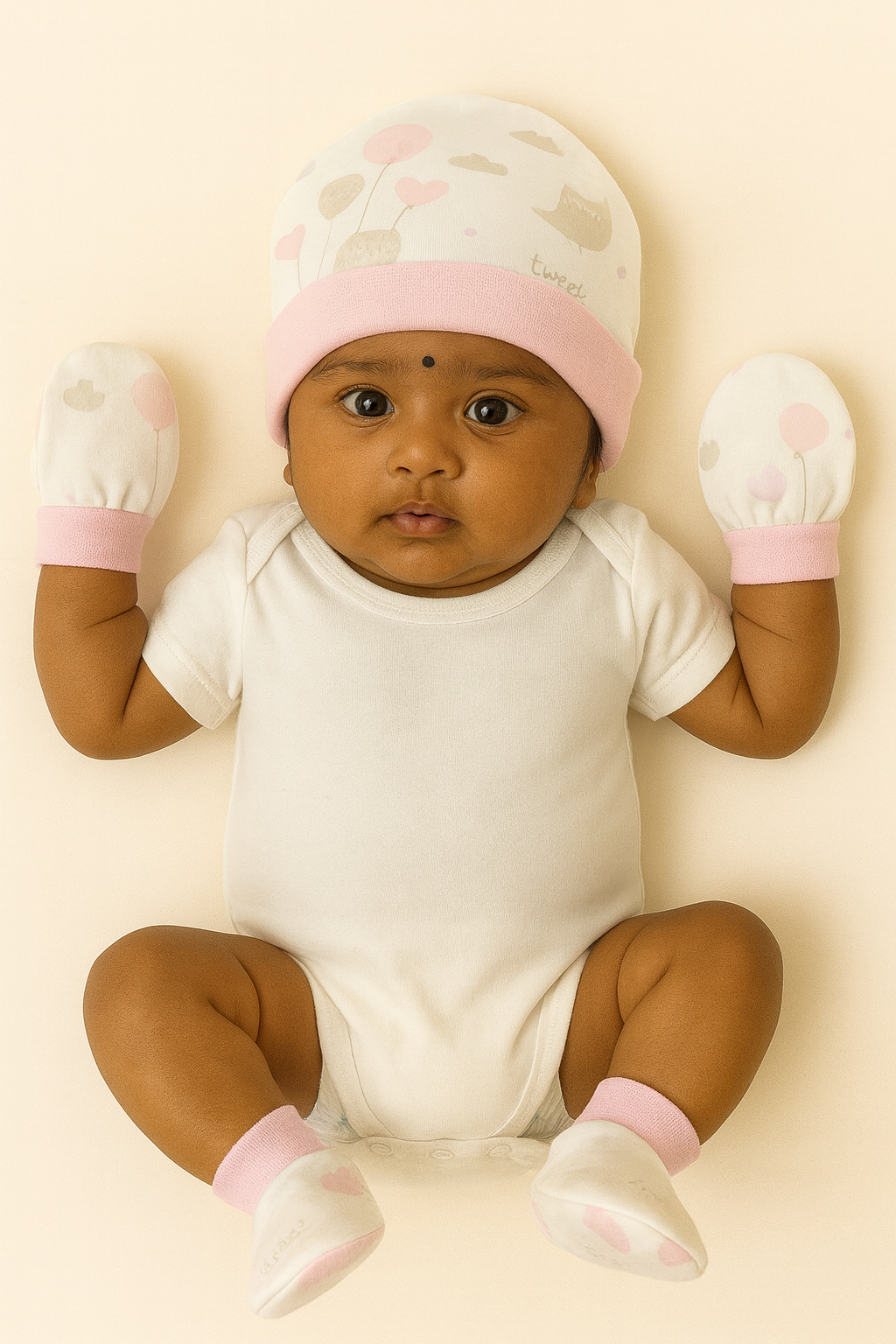 Pink Balloon Bird Newborn Cap, Mittens & Booties Set