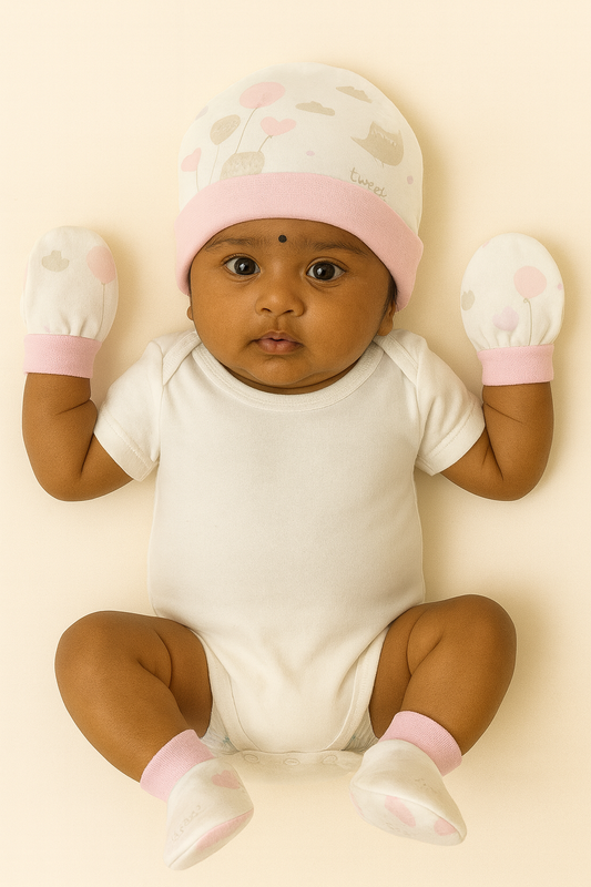 Pink Balloon Bird Newborn Cap, Mittens & Booties Set