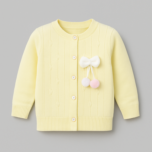 Pom-Pom Bow Cable Knit Cardigan – Light Yellow