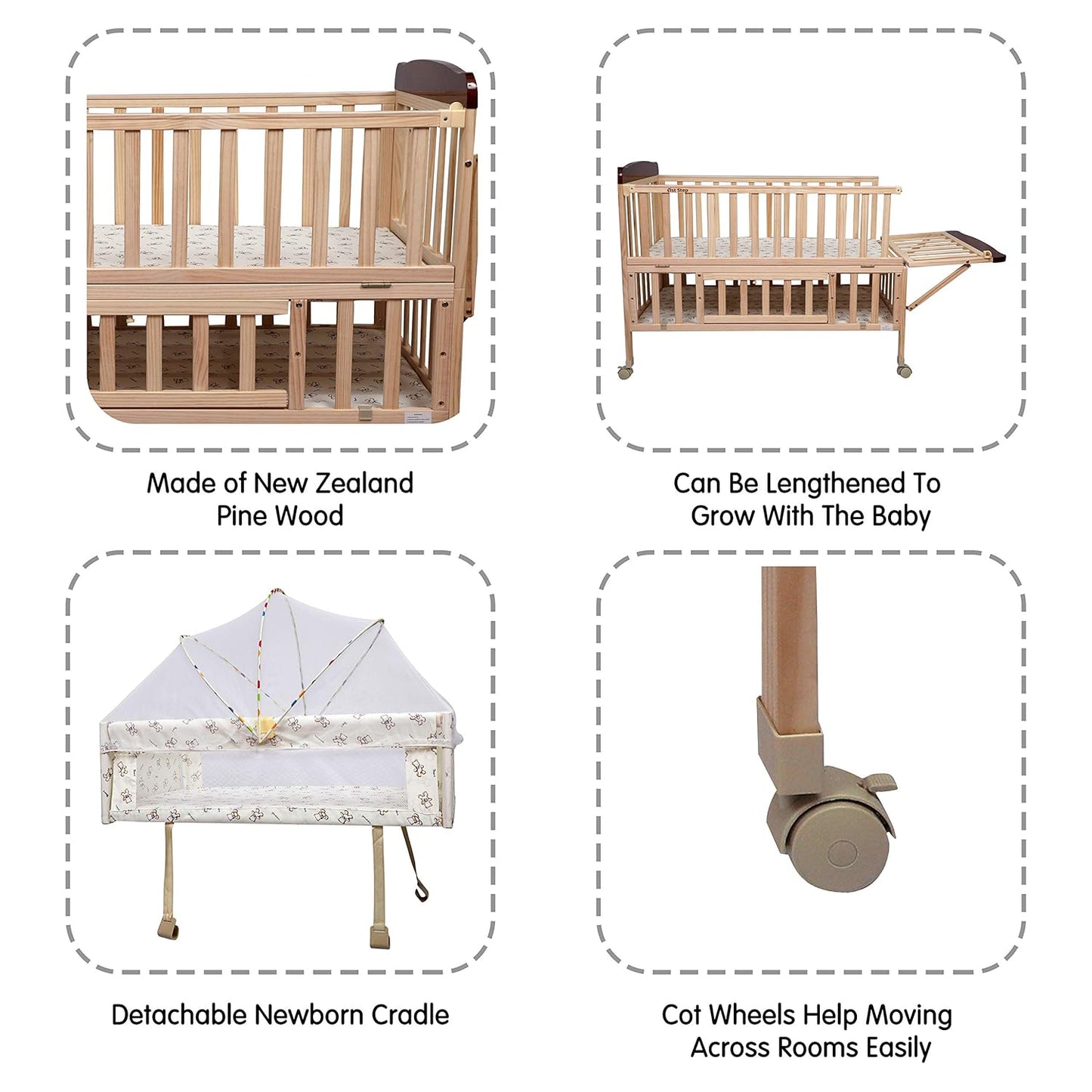 1st Step Wooden Cot with 3Level Height, Detachable Mosquito Net