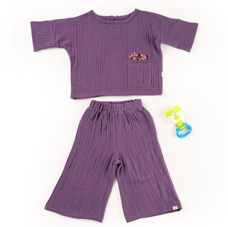 Deep Purple Crinkled Muslin Boat Neck Co-ord Set