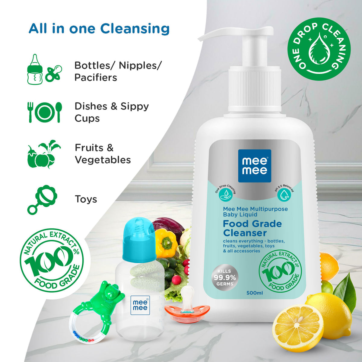 Mee Mee Multipurpose Baby Liquid Cleanser – 500ml | Food-Grade & Gentle