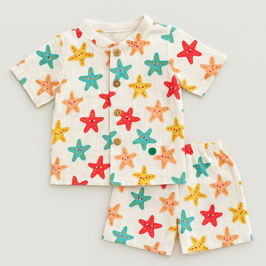 Soft Muslin Cotton Summer Co-ord Sets for Kids – Starfish, Floral & Peach Prints - Mamadada