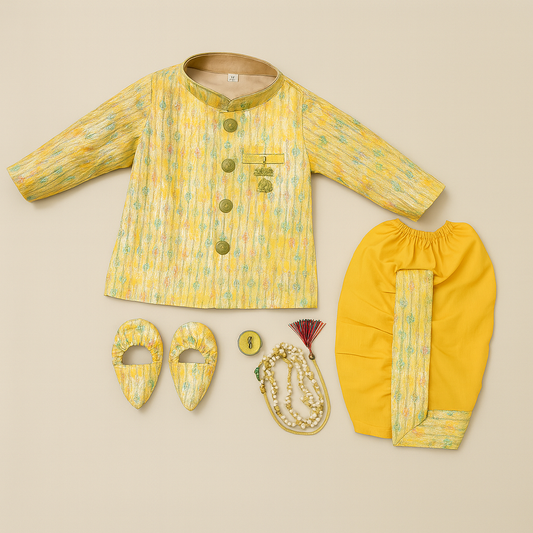 Golden Brocade Sherwani Set with Dhoti & Mojaris for Boys - Mamadada