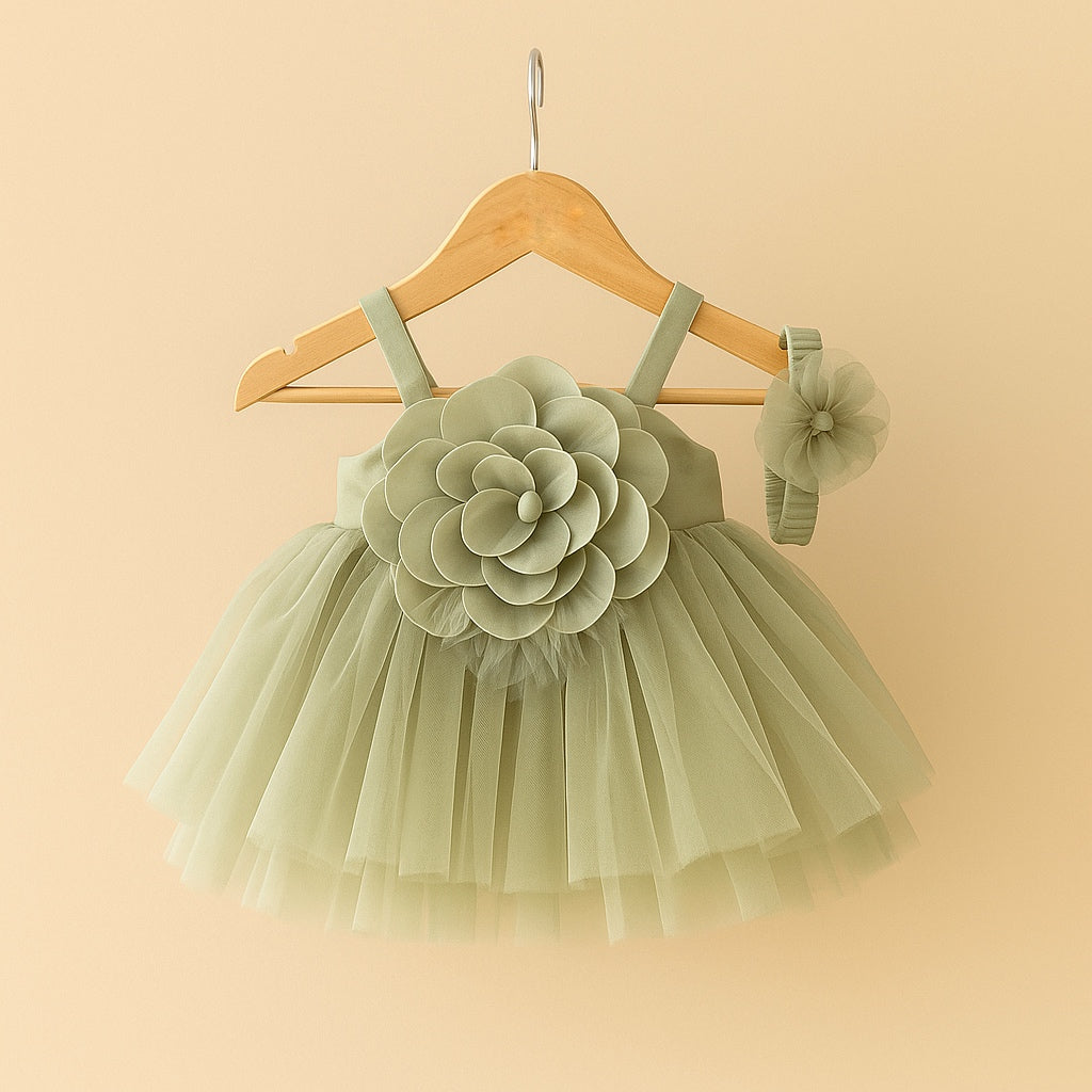 Sage Green Tulle Party Dress for Girls with Floral Appliqué - Mamadada