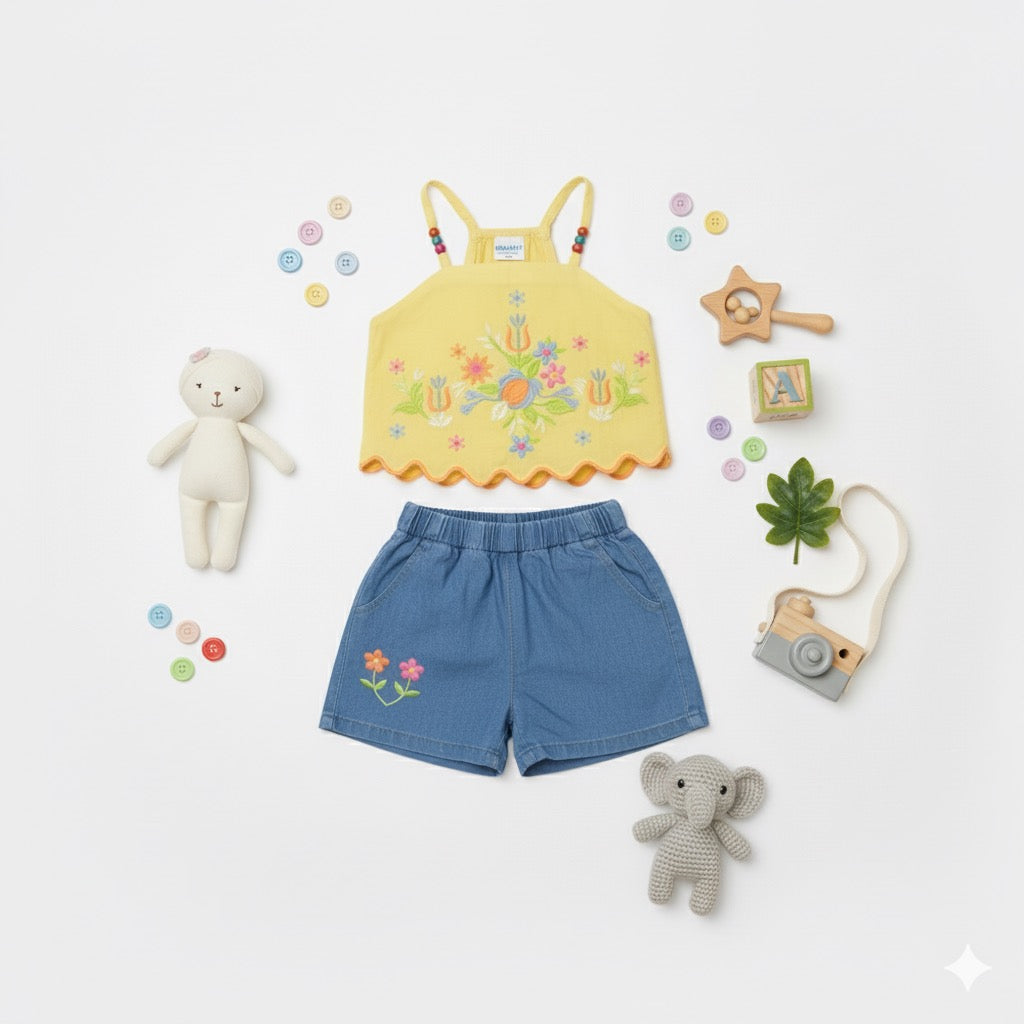 Sunny Blossom Embroidered Muslin Co-ord Set - Mamadada