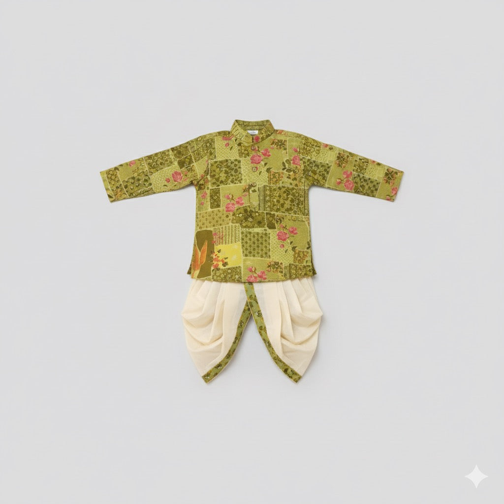 Green Patchwork Kurta with Dhoti - Mamadada