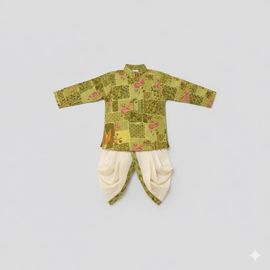 Green Patchwork Kurta with Dhoti - Mamadada
