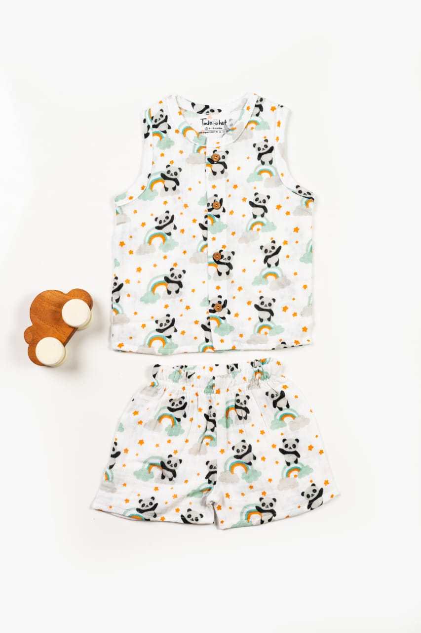 SLEEVELESS PANDA PRINT MUSLIN JABLA & SHORTS SET -WHITE