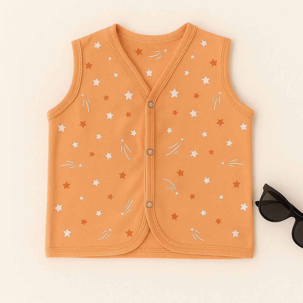 SLEEVELESS BABY VEST - ORANGE STAR PRINT
