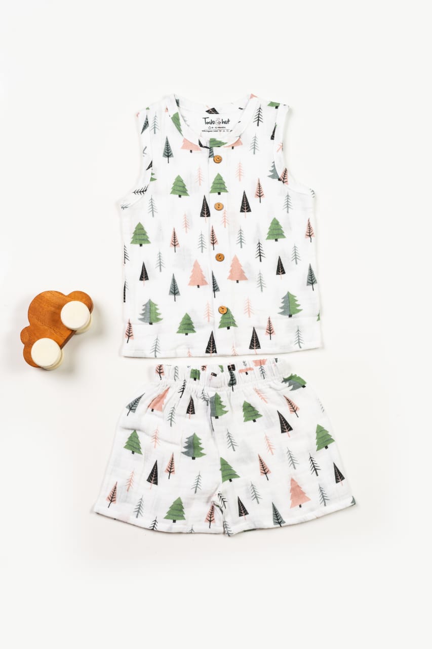 SLEEVELESS PANDA PRINT MUSLIN JABLA & SHORTS SET -WHITE