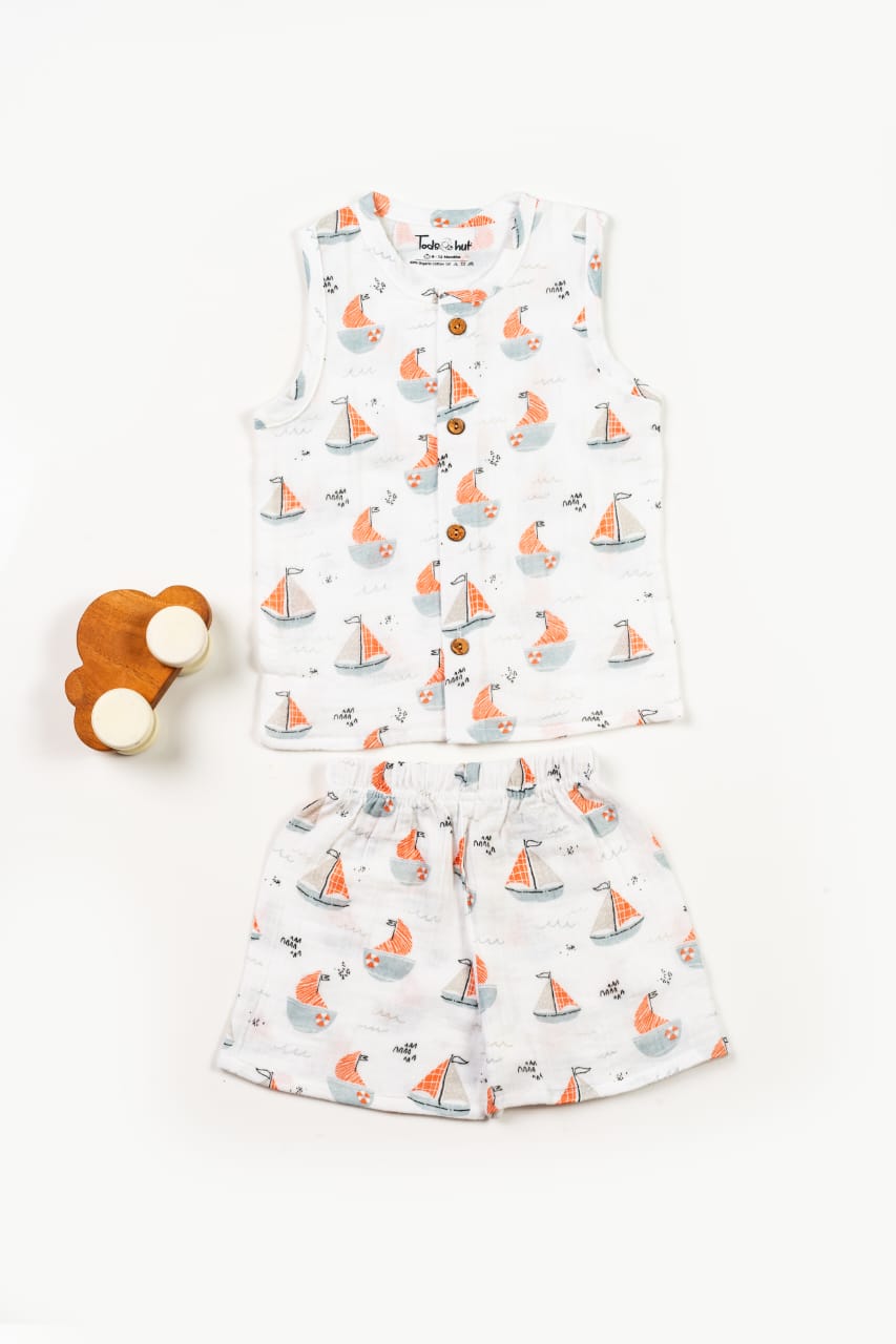 SLEEVELESS PANDA PRINT MUSLIN JABLA & SHORTS SET -WHITE