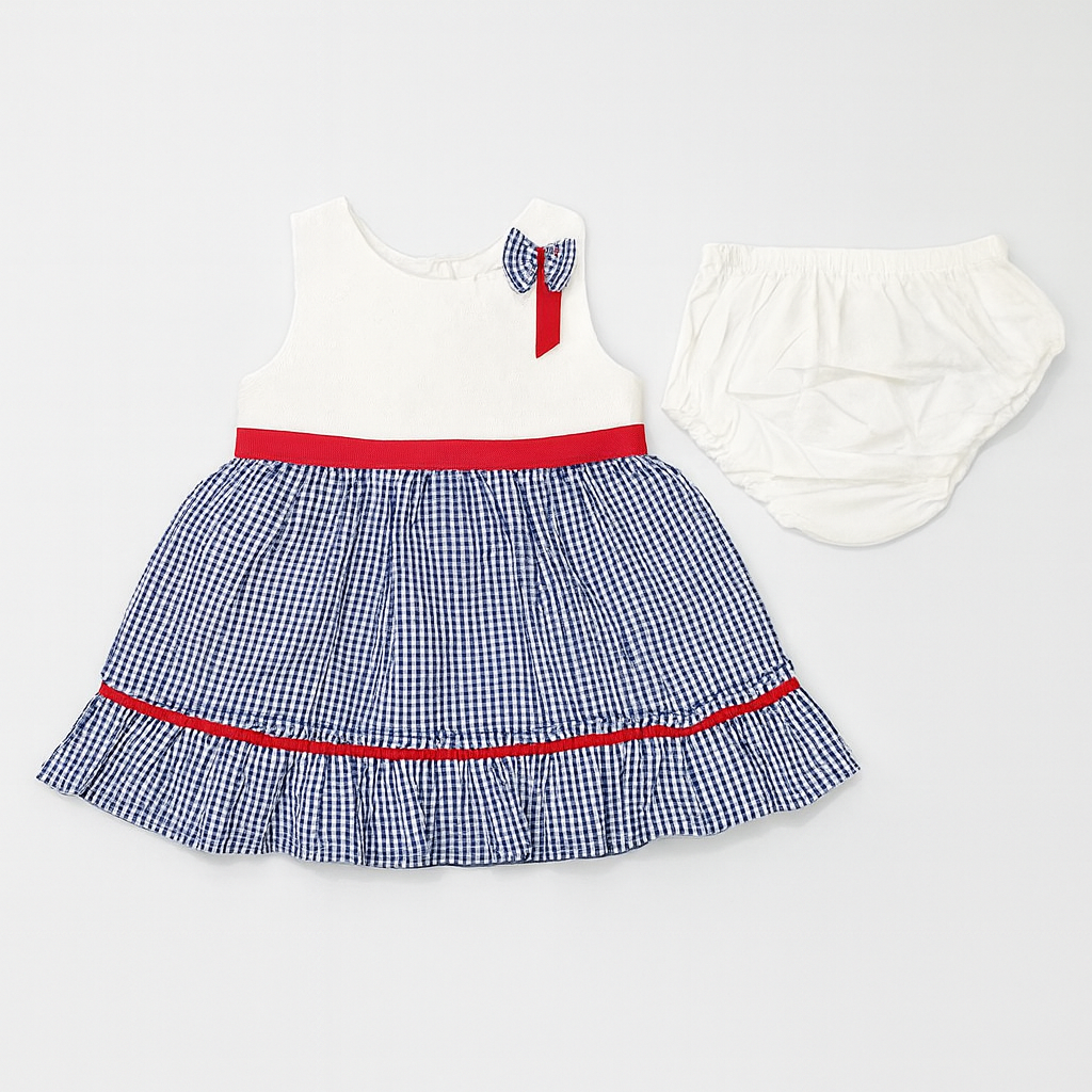 Baby Girls’ Gingham Party Dress Set with Bloomers – Red & Blue Variants - Mamadada