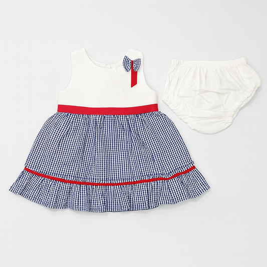 Baby Girls’ Gingham Party Dress Set with Bloomers – Red & Blue Variants - Mamadada