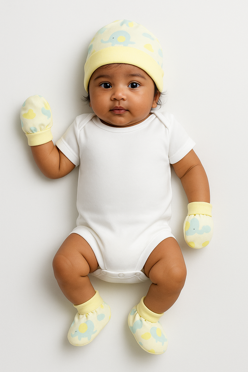 Yellow Elephant Parade Newborn Cap, Mittens & Booties Set