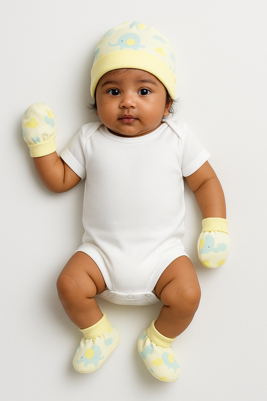 Yellow Elephant Parade Newborn Cap, Mittens & Booties Set