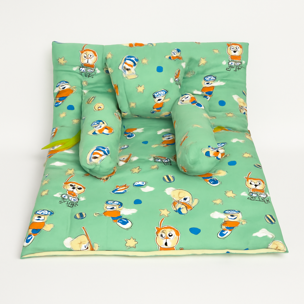 Baby bolster bed with mini pillow in green cartoon print