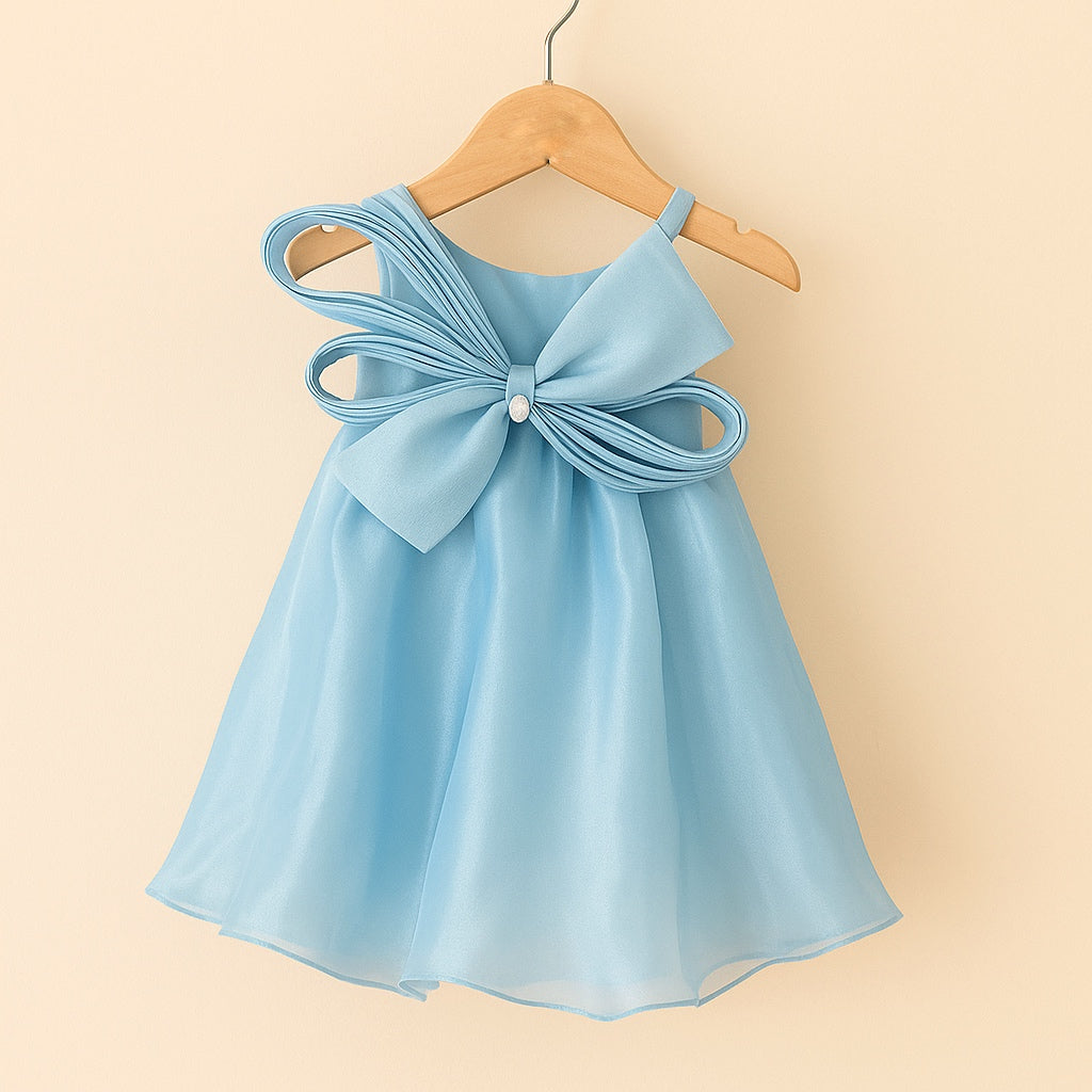 Pastel Blue Organza Dress with Oversized Bow for Girls - Mamadada