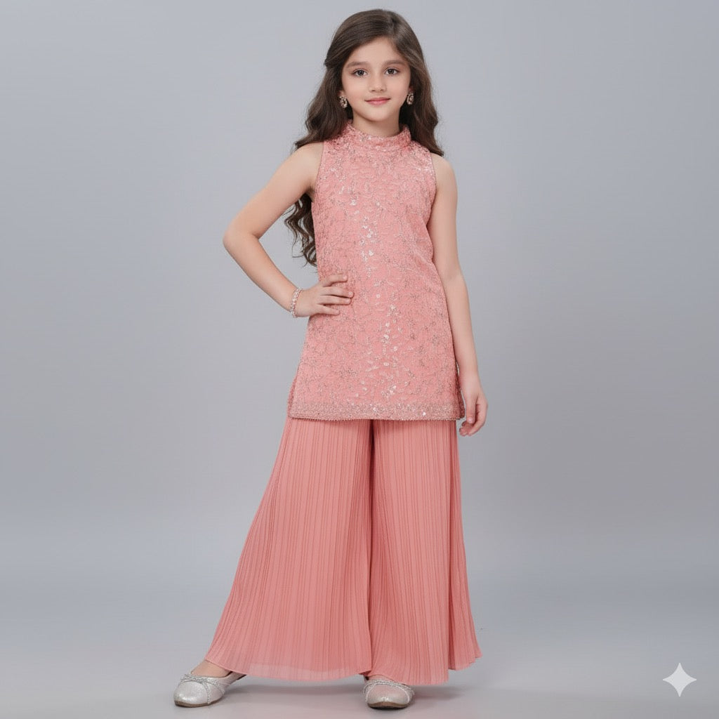 Peach Sequin Embroidered Top with Pleated Palazzo - Mamadada