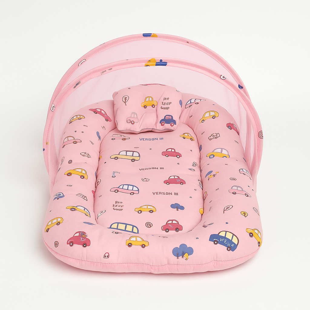 Mosquito net baby bed in pink car print for safe and cozy sleep