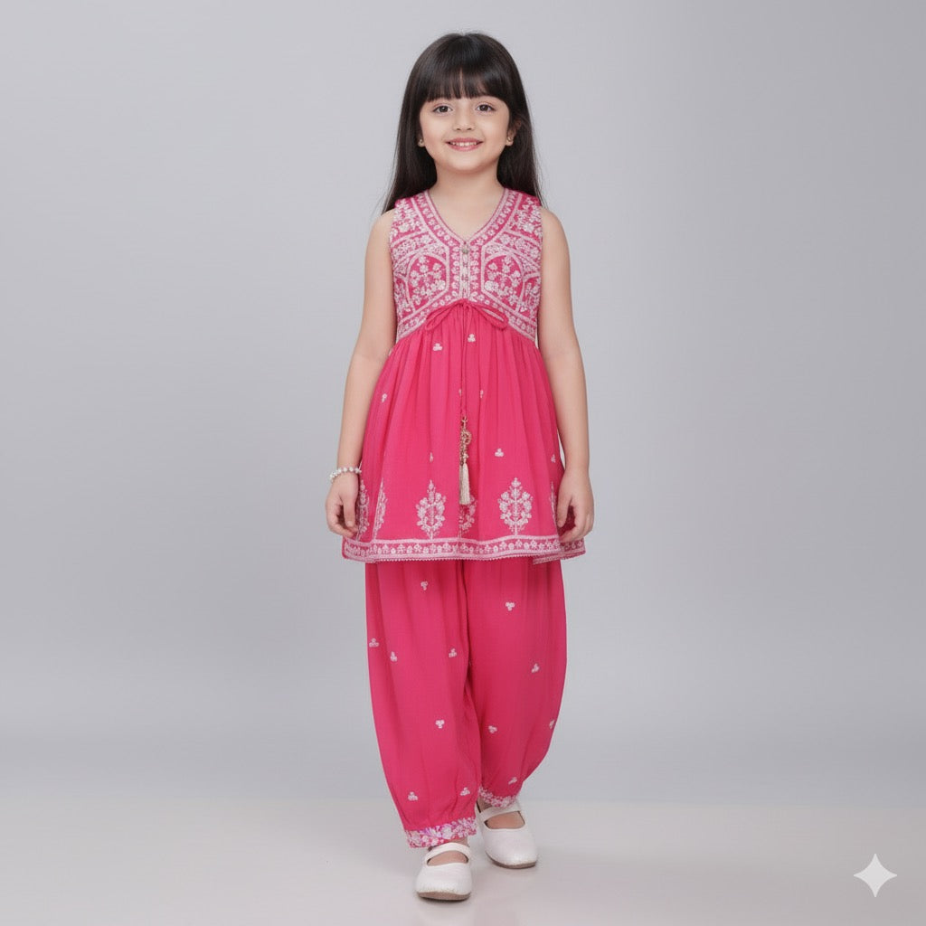 Pink Embroidered Peplum Kurta with Salwar for Girls - Mamadada