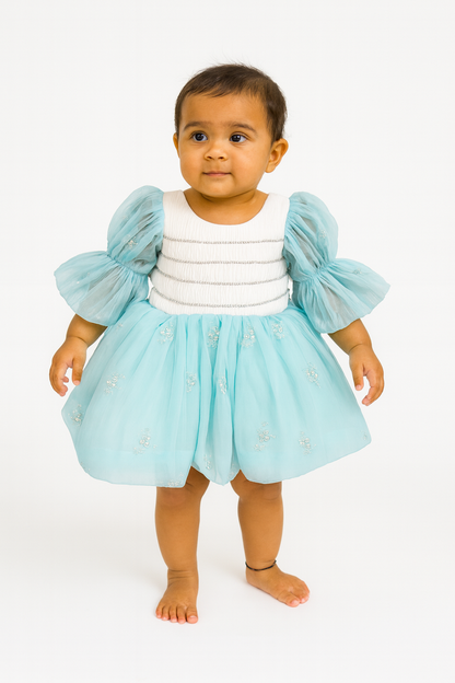 Elegant Baby Girl Net Dresses with Smocked Bodice & Puffy Sleeves - Mamadada