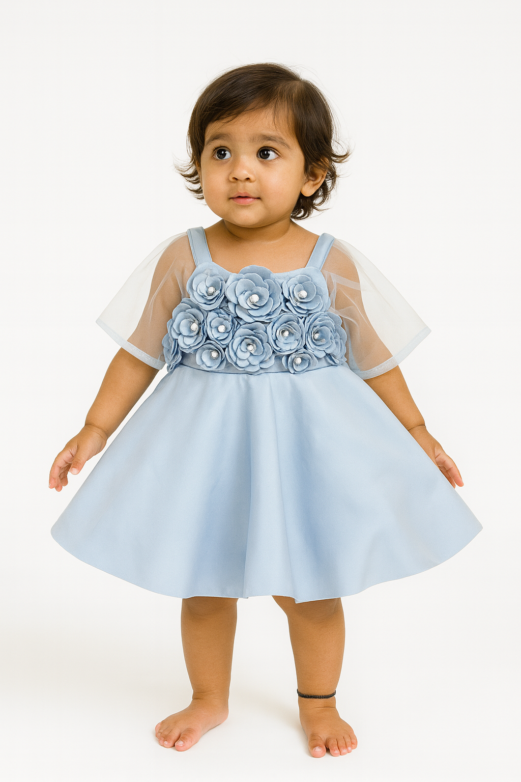 Stylish Baby Girl Frocks with 3D Floral Appliqué & Net Sleeves - Mamadada