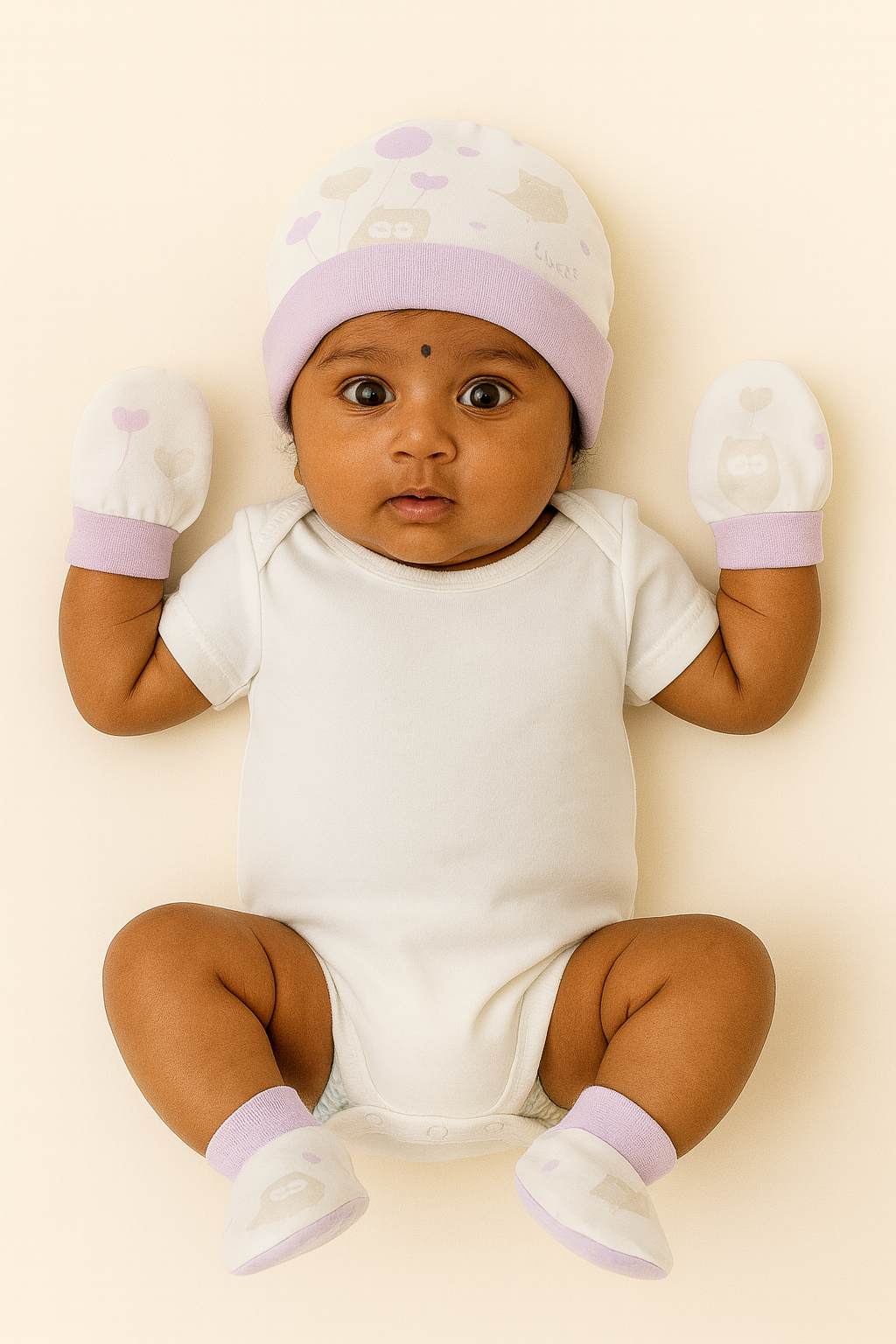 Lavender Balloon Bird Newborn Cap, Mittens & Booties Set