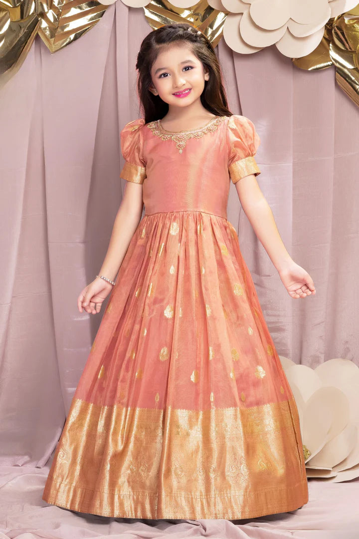 Peach Banarasi Silk Gown with Golden Zari Border - Mamadada