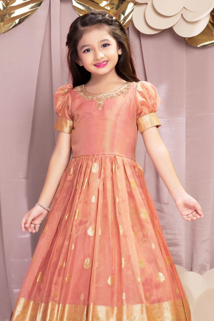 Peach Banarasi Silk Gown with Golden Zari Border - Mamadada