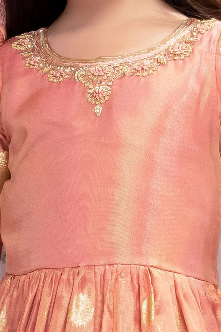 Peach Banarasi Silk Gown with Golden Zari Border - Mamadada