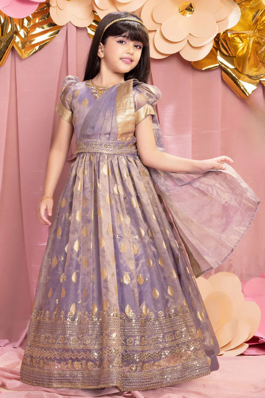 Lavender Banarasi Gown with Dupatta for Girls - Mamadada