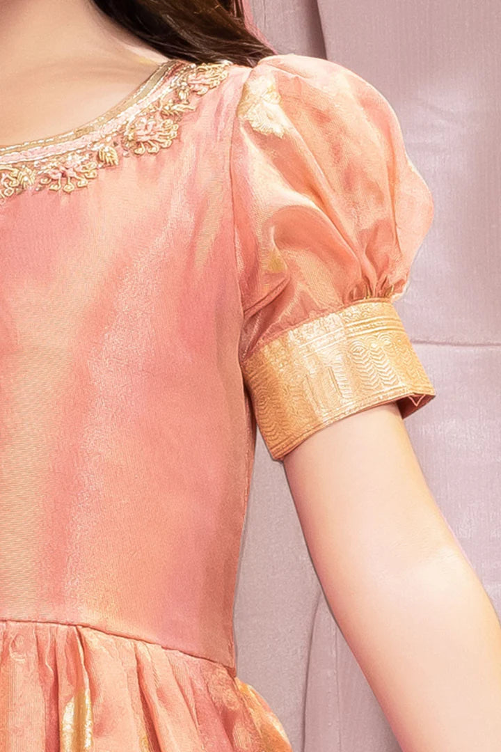 Peach Banarasi Silk Gown with Golden Zari Border - Mamadada