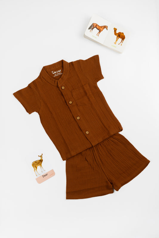 SOLID BROWN MUSLIN CHINESE COLLAR JABLA & SHORTS AET