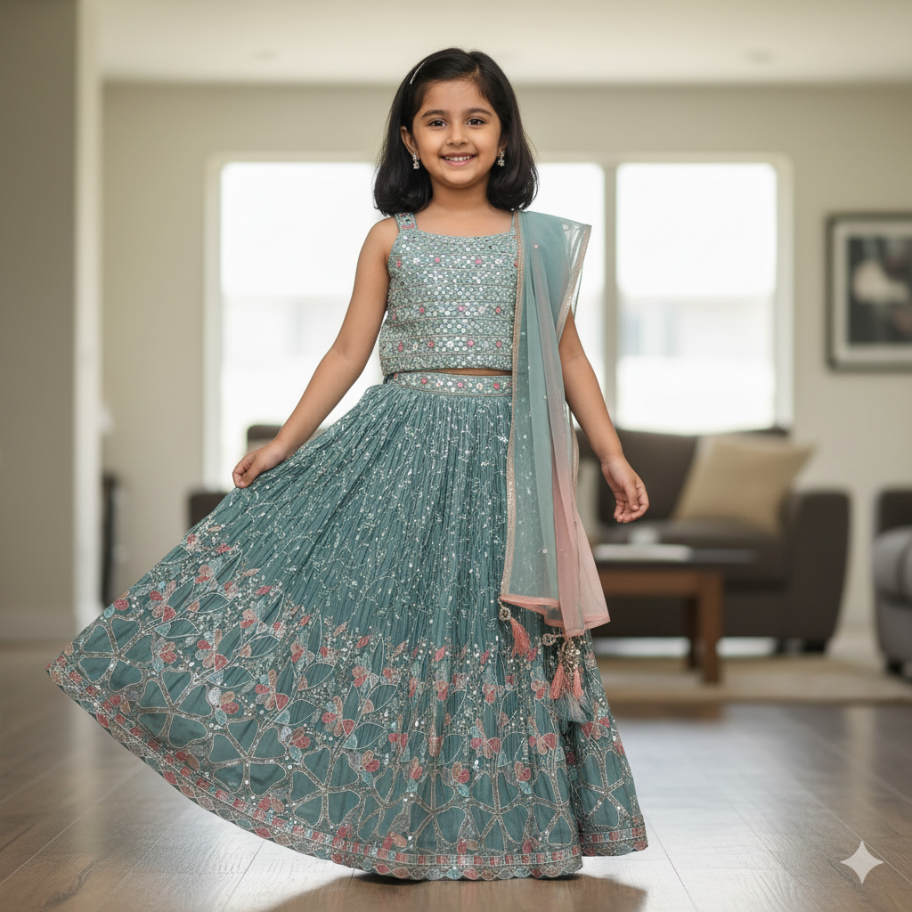 Elegant Teal Blue Embroidered Kids Lehenga with Dupatta