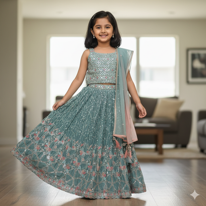 Elegant Teal Blue Embroidered Kids Lehenga with Dupatta