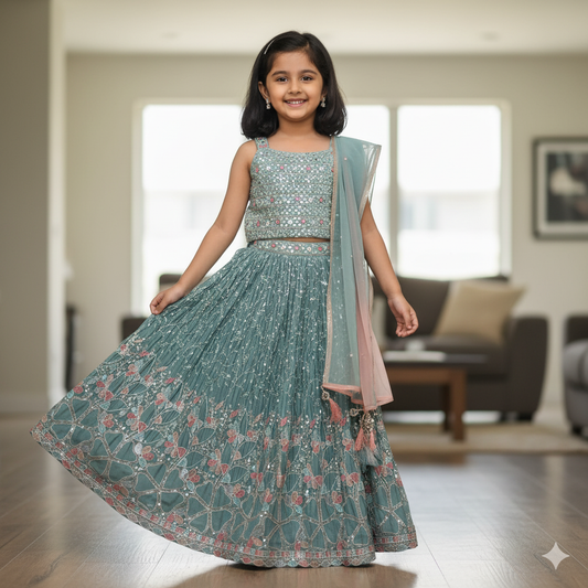 Elegant Teal Blue Embroidered Kids Lehenga with Dupatta