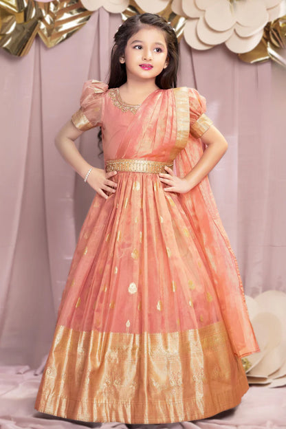 Peach Banarasi Silk Gown with Golden Zari Border - Mamadada