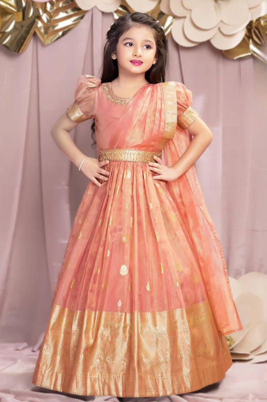 Peach Banarasi Silk Gown with Golden Zari Border - Mamadada
