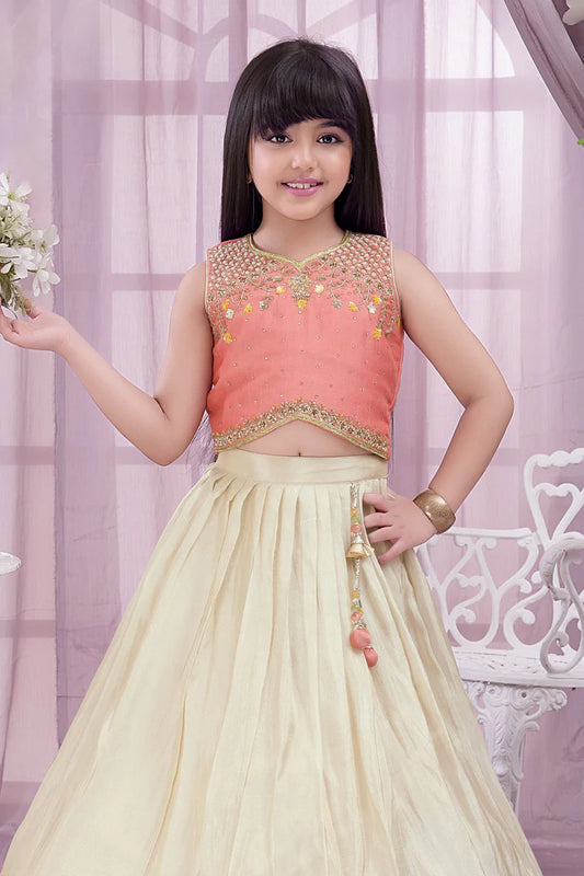 Peach Crop Top with Ivory Lehenga for Girls - Mamadada