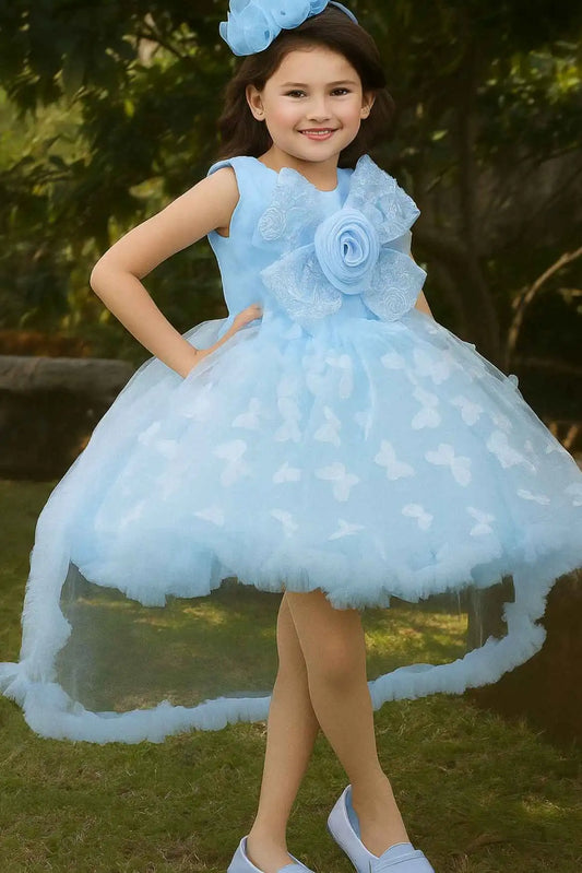 Girls Sky Blue Butterfly Applique High-Low Frock