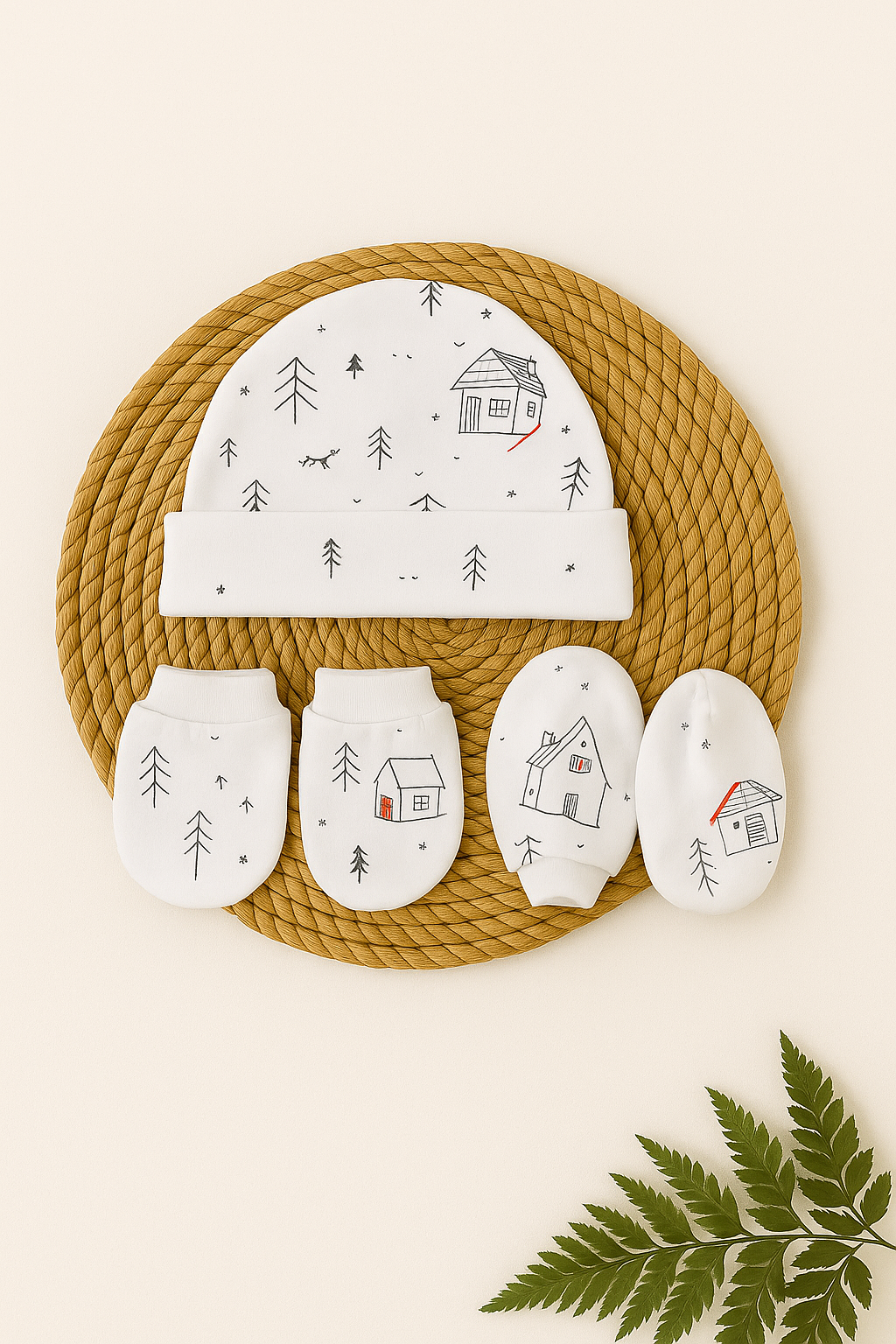 White Cabin Forest Newborn Cap, Mittens & Booties Set
