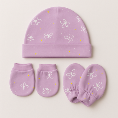 Lavender Flutter Butterfly Newborn Cap, Mittens & Booties Set