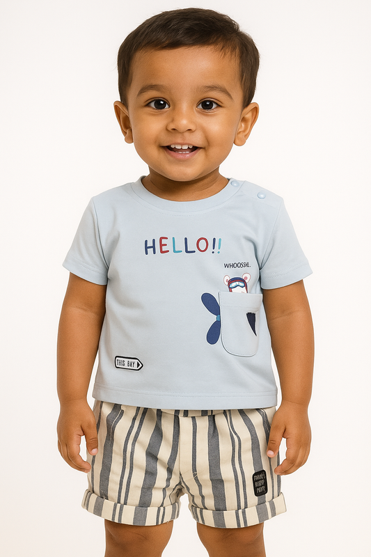 Blue “Hello!! Whooosh” T-Shirt & Striped Shorts Set