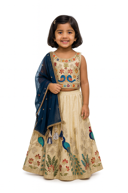 Beige Kids Lehenga with Peacock Embroidery & Blue Dupatta - Mamadada