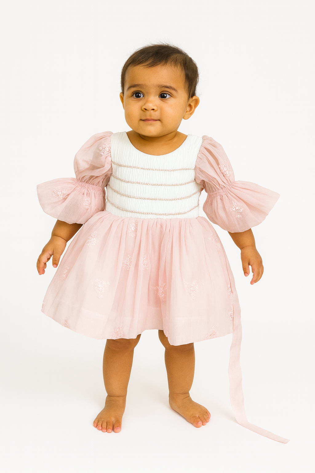 Elegant Baby Girl Net Dresses with Smocked Bodice & Puffy Sleeves - Mamadada