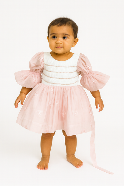 Elegant Baby Girl Net Dresses with Smocked Bodice & Puffy Sleeves - Mamadada